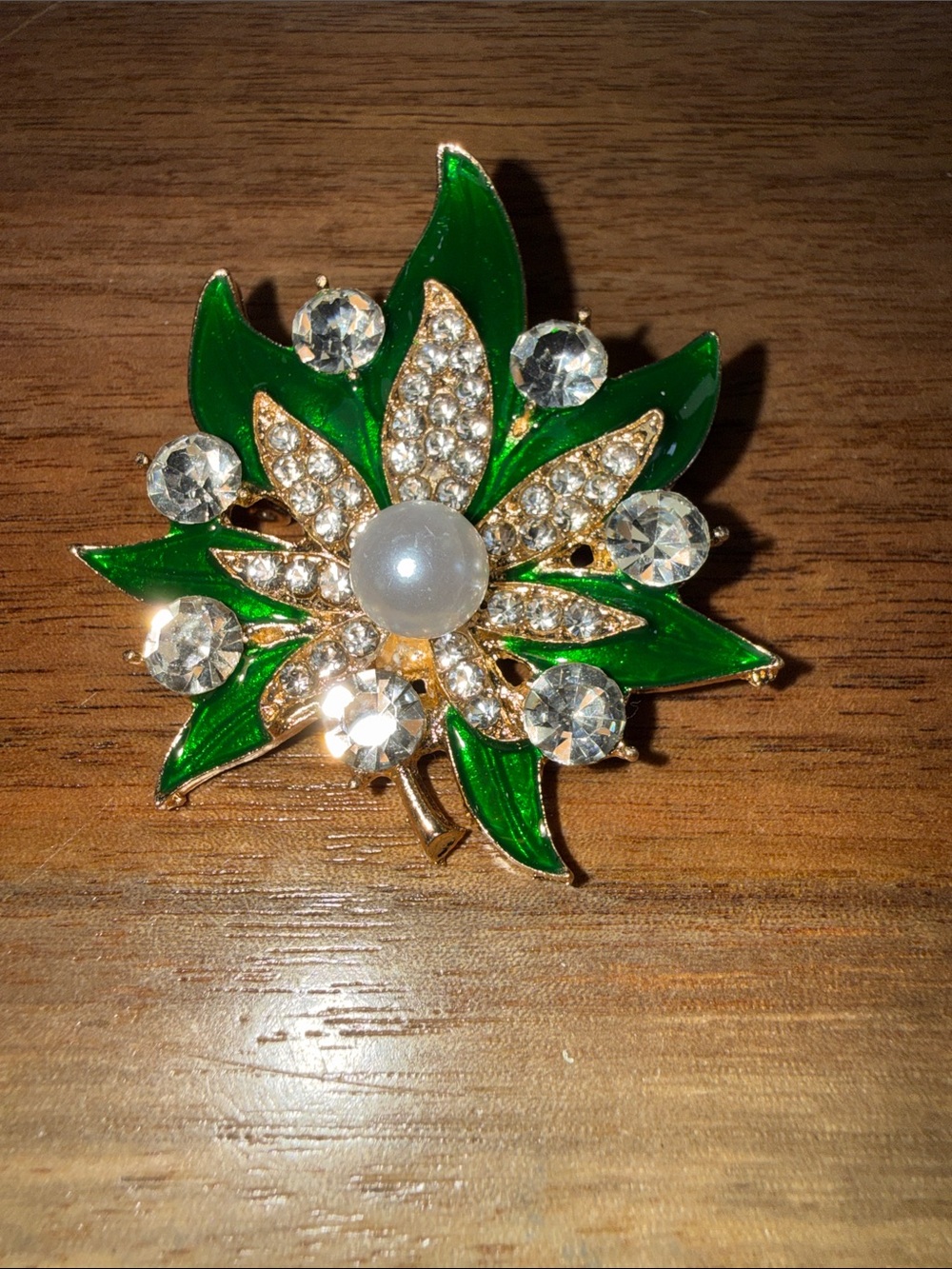 Gold-Tone Green Crystal & Pearl Flower Brooch